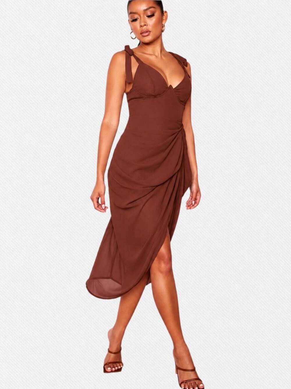 NWT PrettyLittle Thing Chocolate Brown Underwire Detail Draped Midi Dress 12